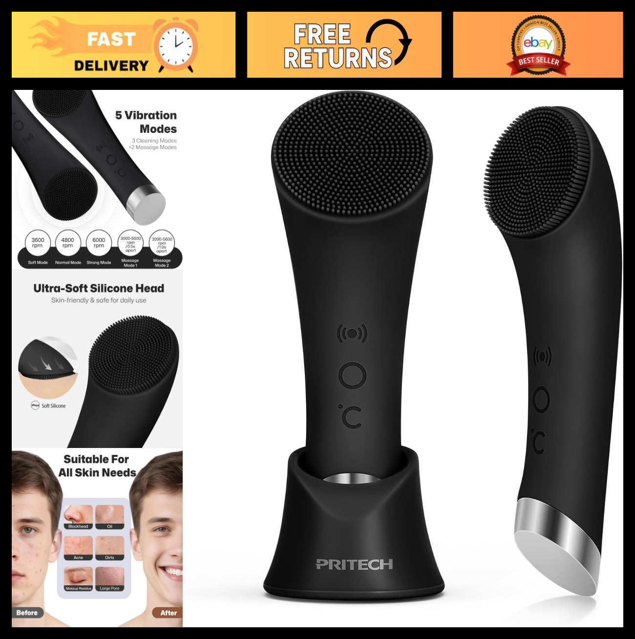 Rechargeable Silicone Facial Cleansing Brush with Heat Massage & Vibration, Wate