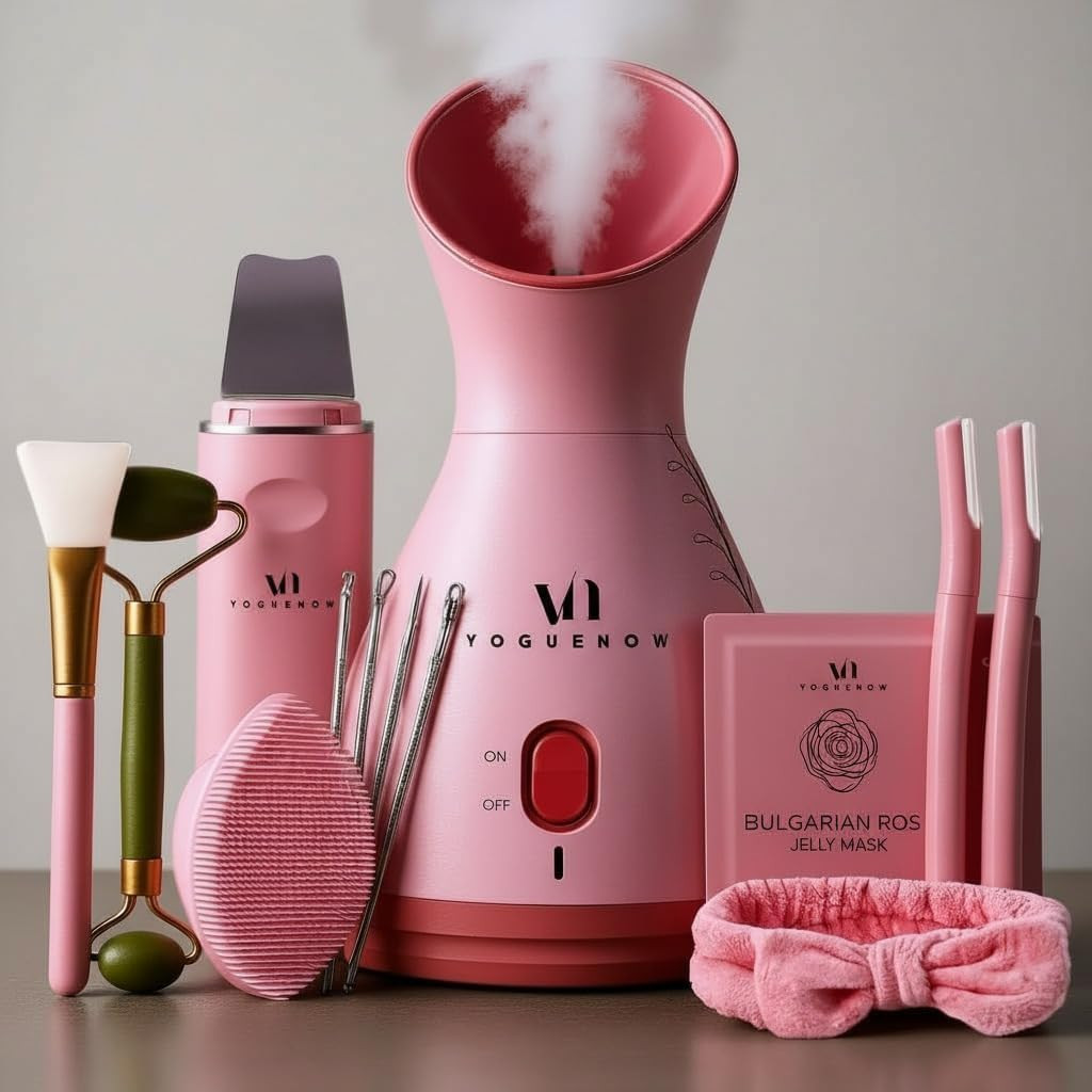 VogueNow LuxGlow Facial Steamer Spa Kit w/ 17 Tools Towel Warmer Pink BPA-Free