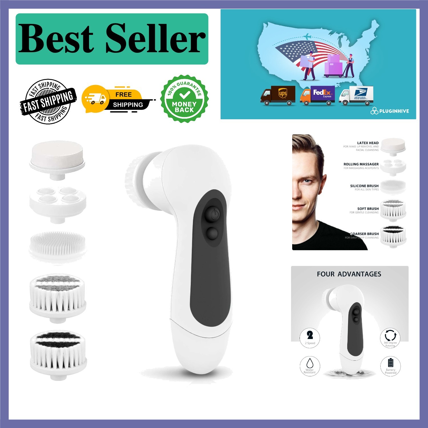 Travel-Friendly Waterproof Facial Cleansing Brush Set – 5 Brush Heads Included