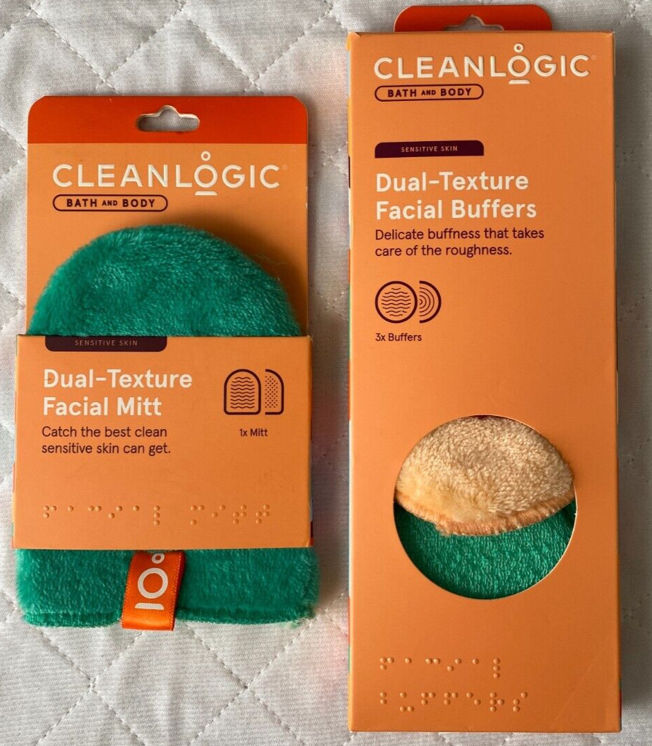 Cleanlogic Bath and Body Dual-Texture Facial Buffers & Facial Mitt Lot 2 NEW