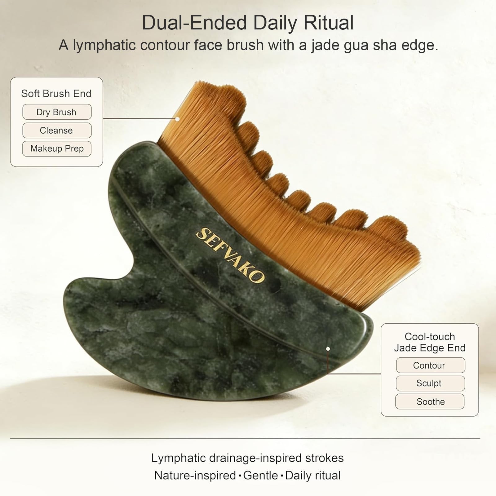 Lymphatic Drainage Face Brush Set, Dual-Ended Dry Brush & Jade Gua Sha Tool, Scu