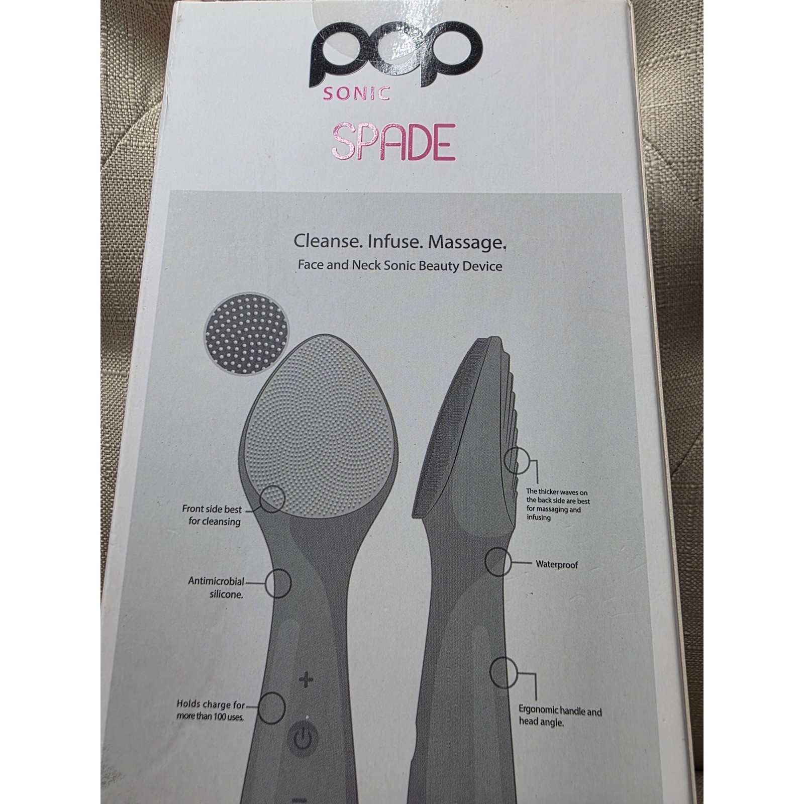 Pop Sonic Spade Face and Neck Sonic Beauty Device Grey Cleanse Infuse Massage C1