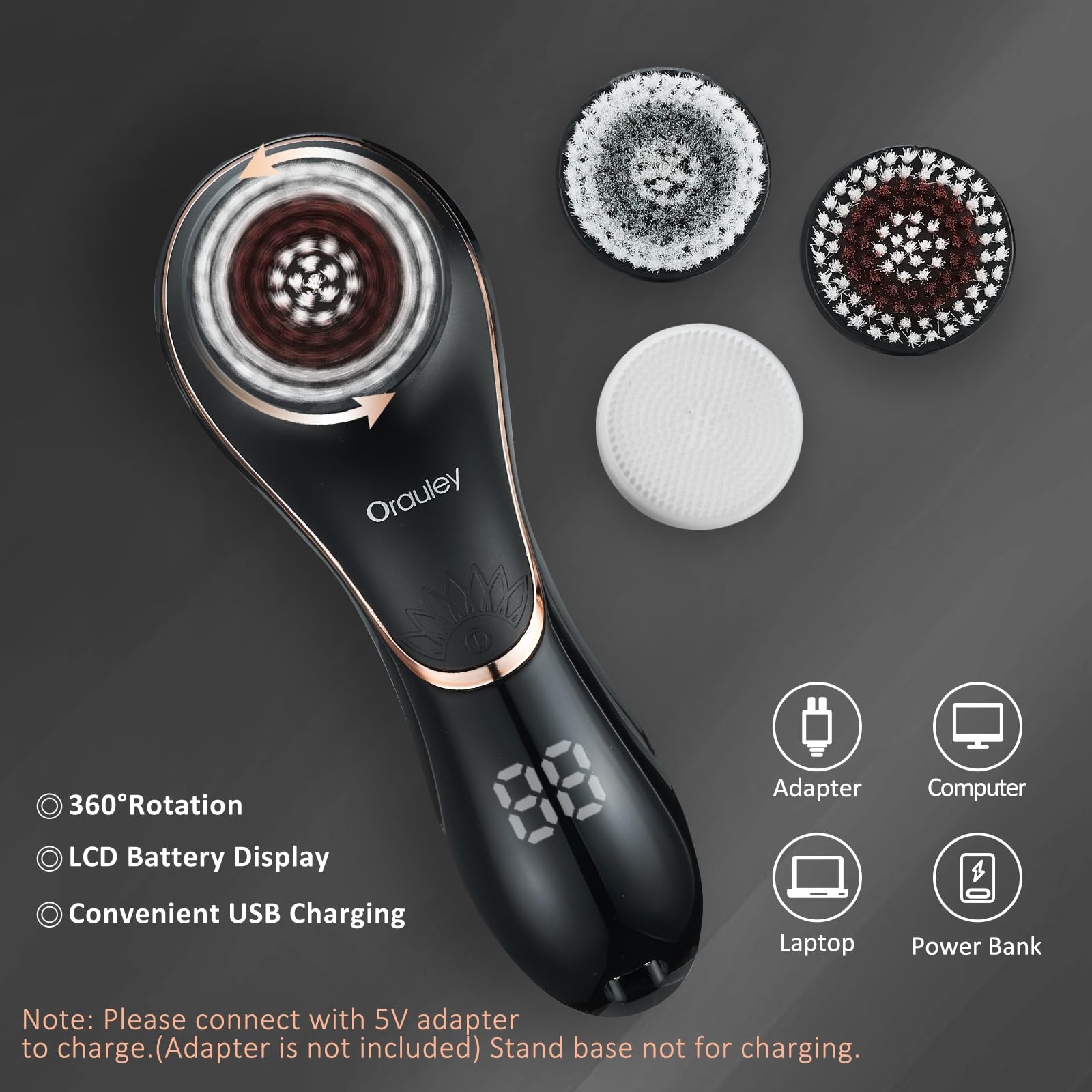 Facial Cleansing Brush, Electric Face Scrubber Rechargeable Black & Rose Gold