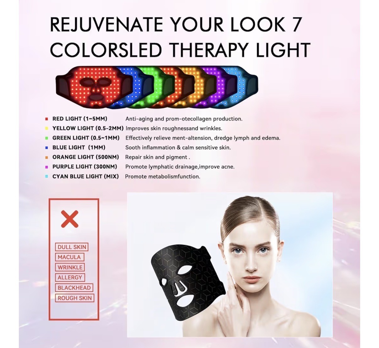 Silicone LED Facial Mask Light Therapy Device 7 Color USB Rechargeable Black