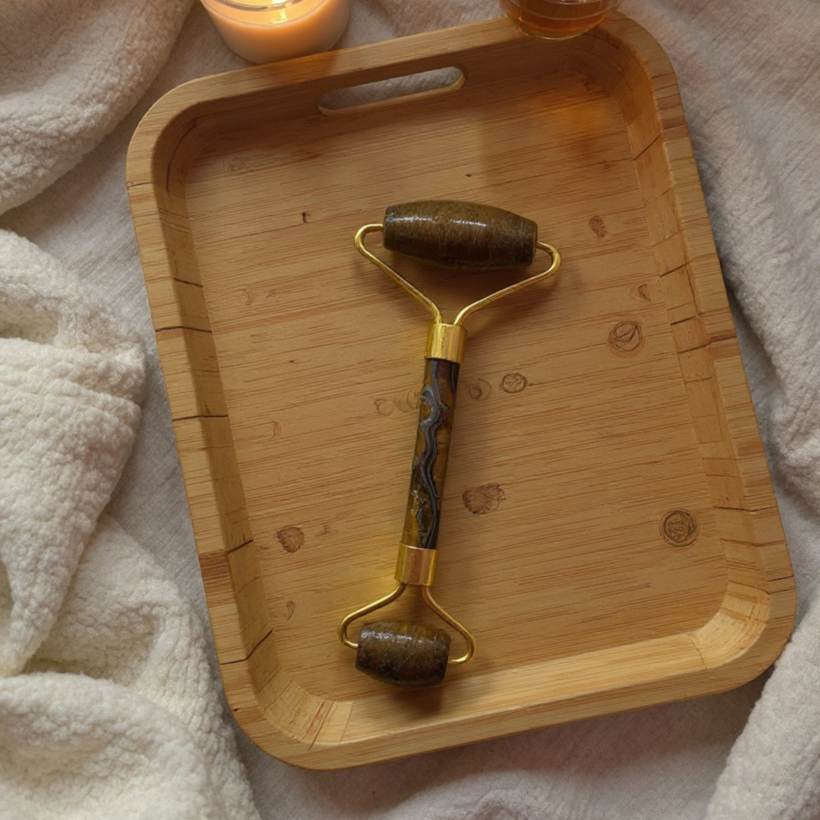 Natural Tiger Eye Crystal Facial Roller | Golden Brown Gemstone Beauty Tool