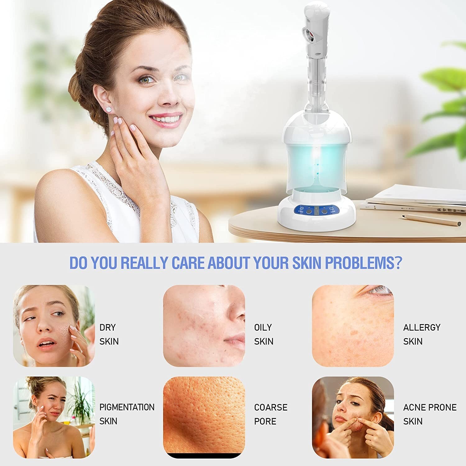 Professional Nano Ionic Facial Steamer Ozone Extendable Arm 360 Rotatable White