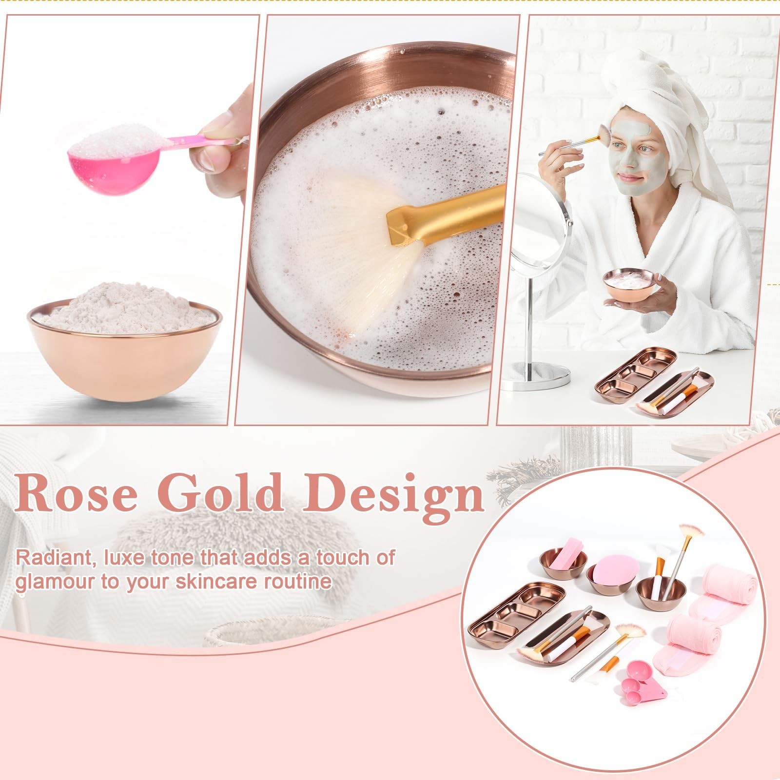 28 Rose Gold Facial Supplies Set – Mixing Bowls, Brushes, Spoons, Sponges & Tray