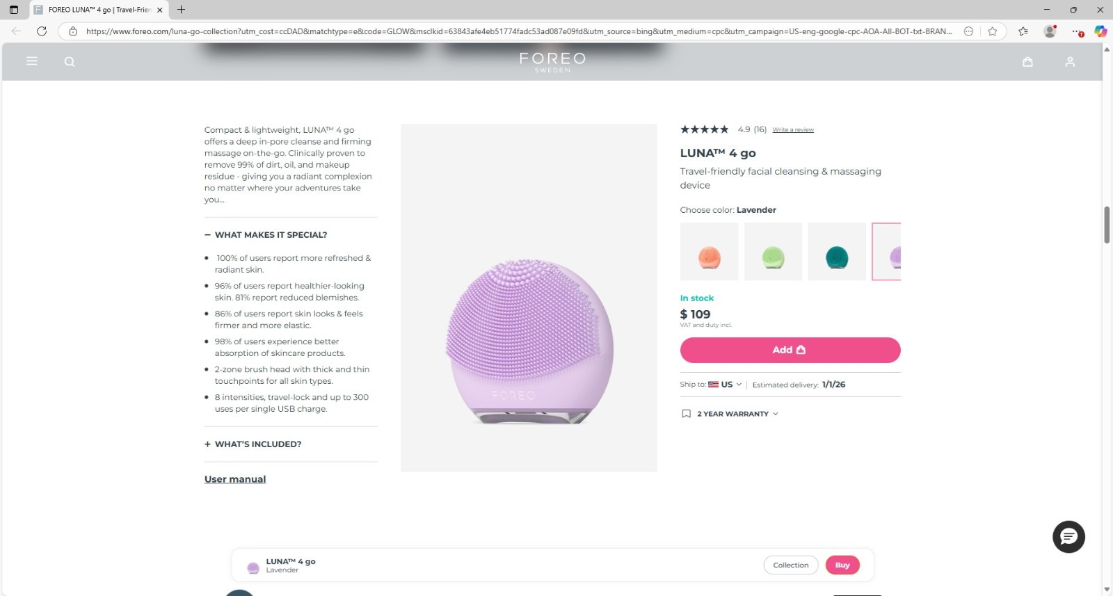 FOREO Luna 4 Go Travel-Friendly Facial Cleansing & Massaging Device
