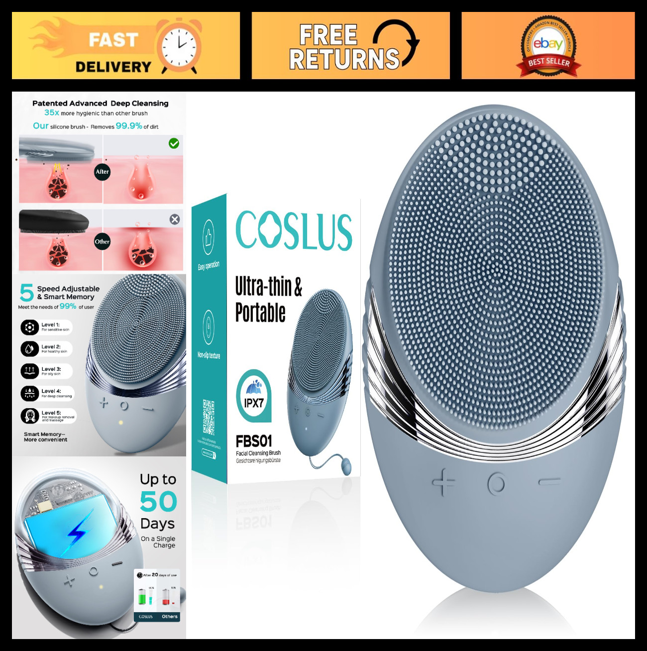 Rechargeable Facial Cleansing Brush – Compact Silicone Scrubber, 5 Modes, Deep C
