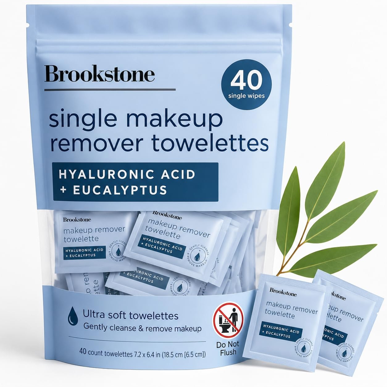Brookstone Makeup Remover Wipes Individually HYALURONIC ACID + EUCALYPTUS