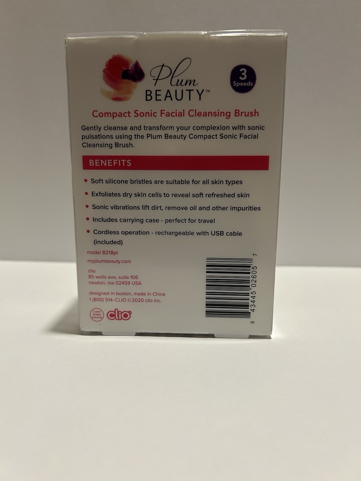 Plum Beauty Sonic Facial Cleansing Brush – 3 speeds Purple -Rechargeable