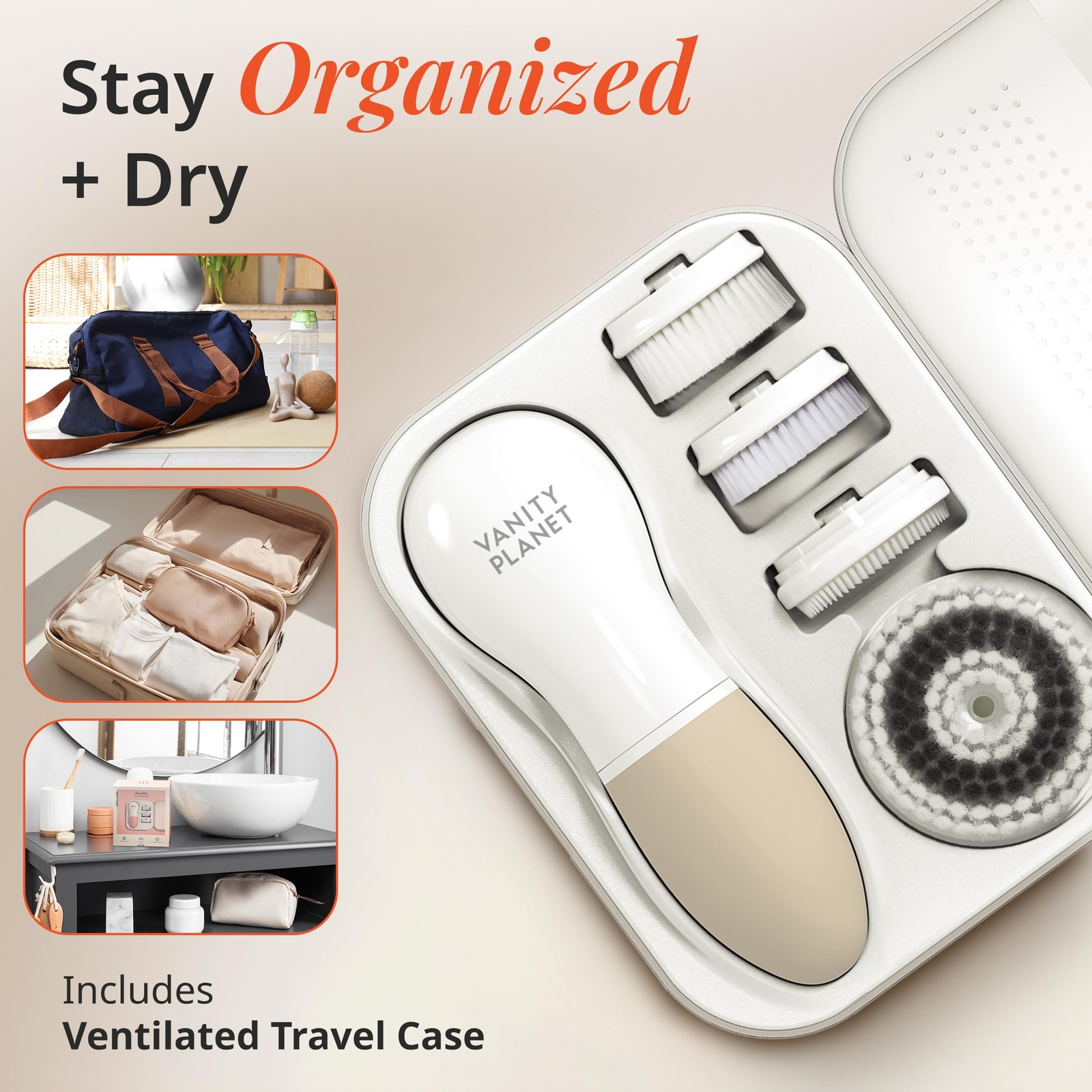 Vanity Planet Raedia Facial Cleansing Brush – Electric 4 Piece Set, Warm Gray