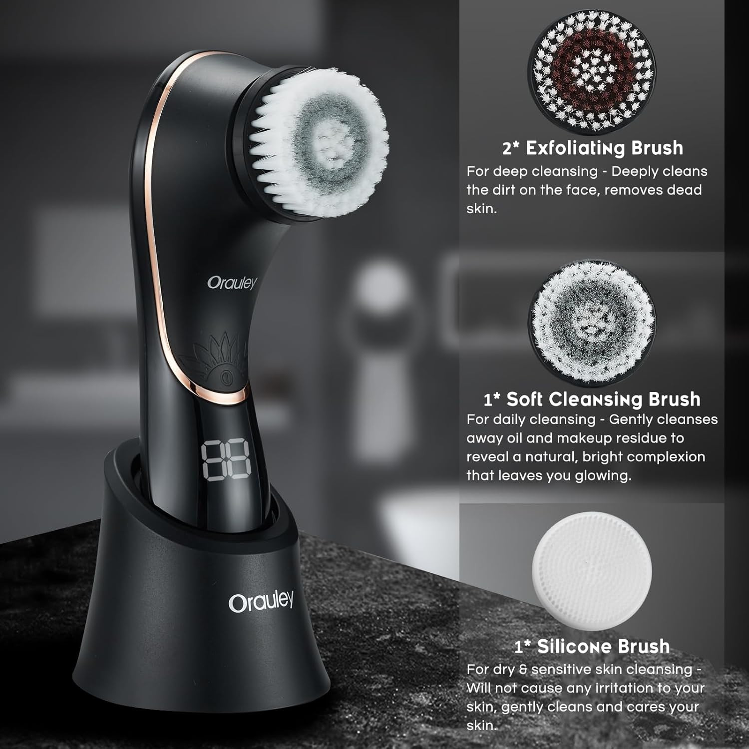Facial Cleansing Brush, Electric Face Scrubber Black & Rose Gold