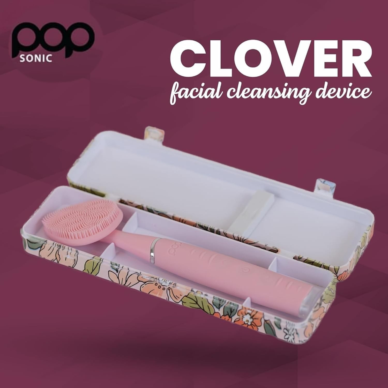 Clover Facial Cleansing Device Pink Silicone Facial Cleaner & Exfoliator w/ 8…