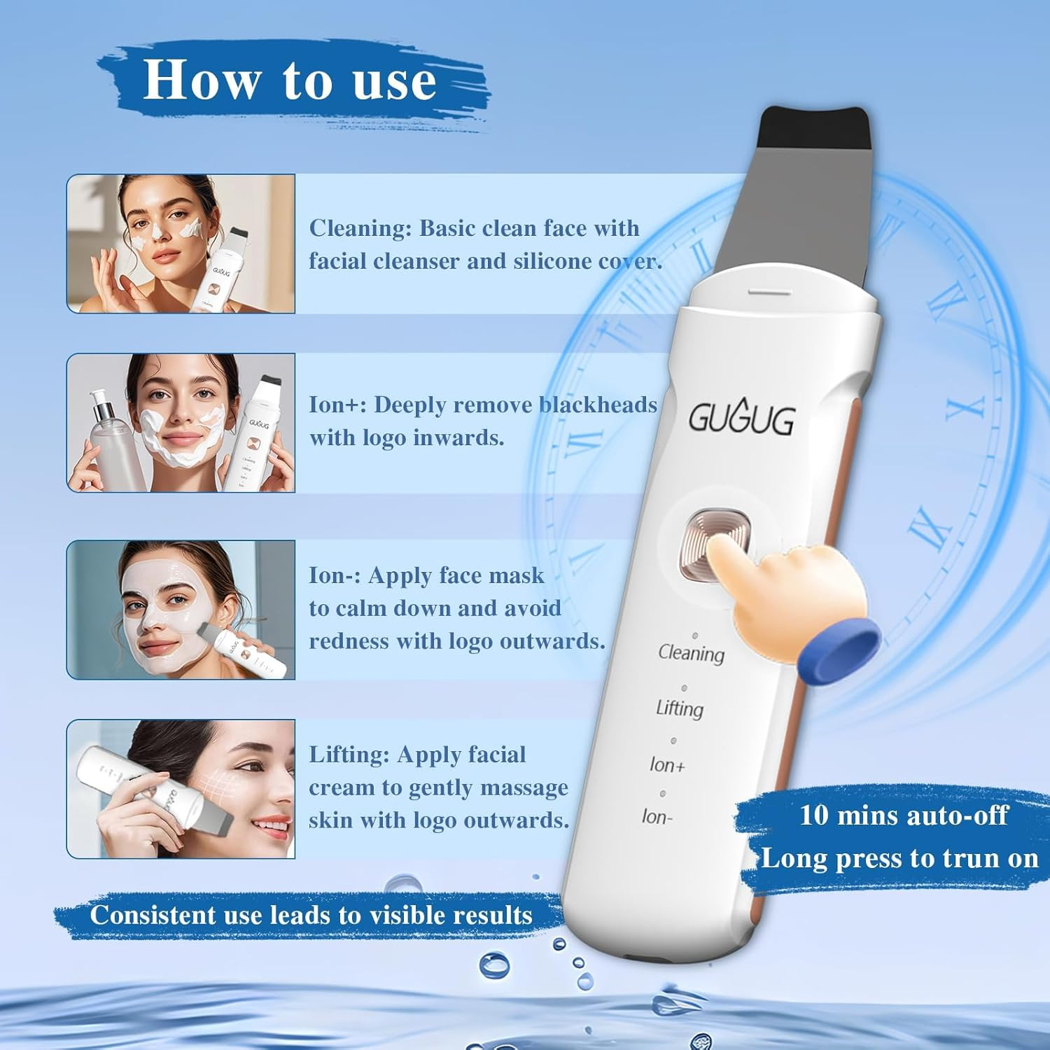 GUGUG Skin Scrubber 4-In-1 Waterproof Facial Spatula for Deep Cleansing, Blackhe