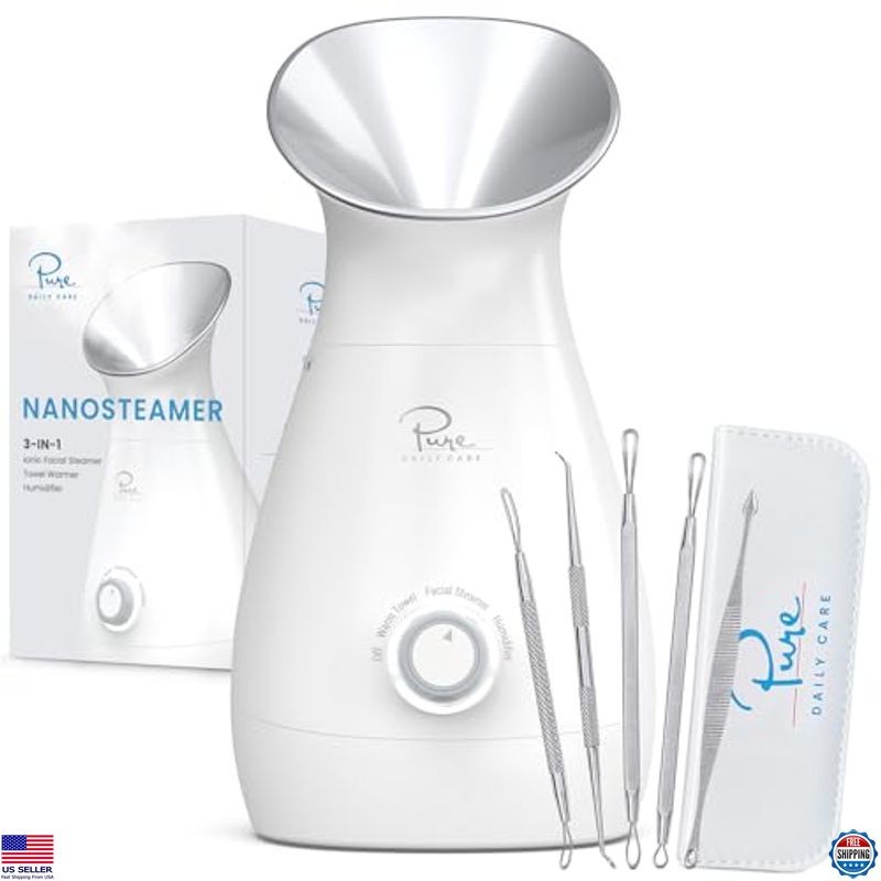 3-in-1 Nano Ionic Facial Steamer with Temp Control & 5-Piece Skin Kit – Black