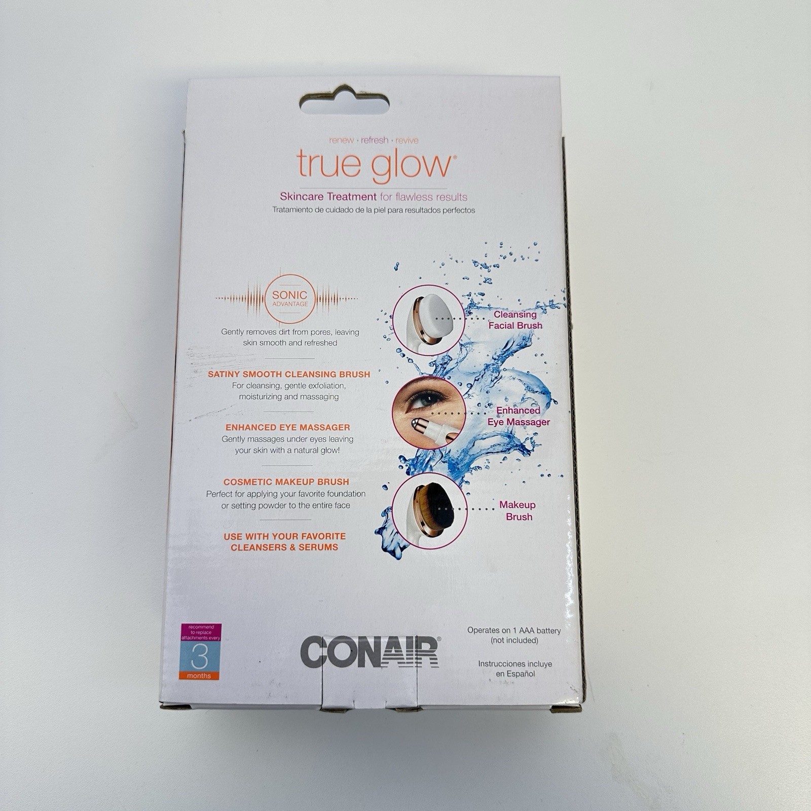 Conair True Glow Sonic Skincare Treatment 3 Step Facial Kit Brush Set New Sealed