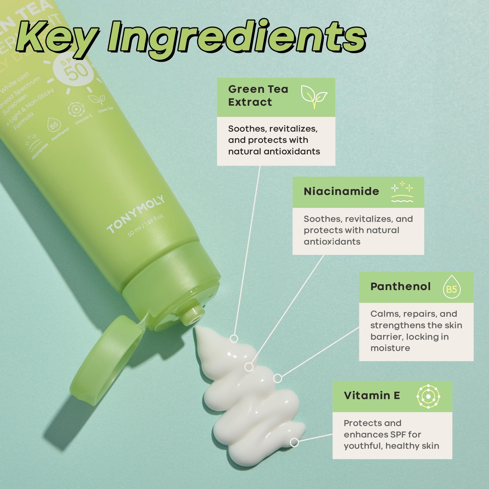 TONYMOLY Green Tea Korean Sunscreen SPF 50 – 1.69 Fl Oz (Pack of 1), White