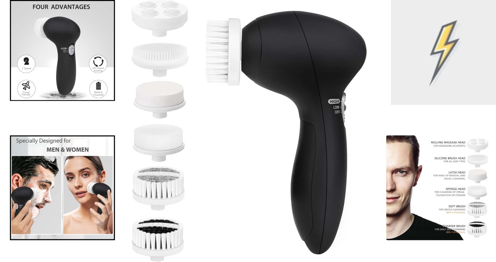 Portable Facial Cleansing Brush with 6 Brush Heads for Clearer, Healthier Skin