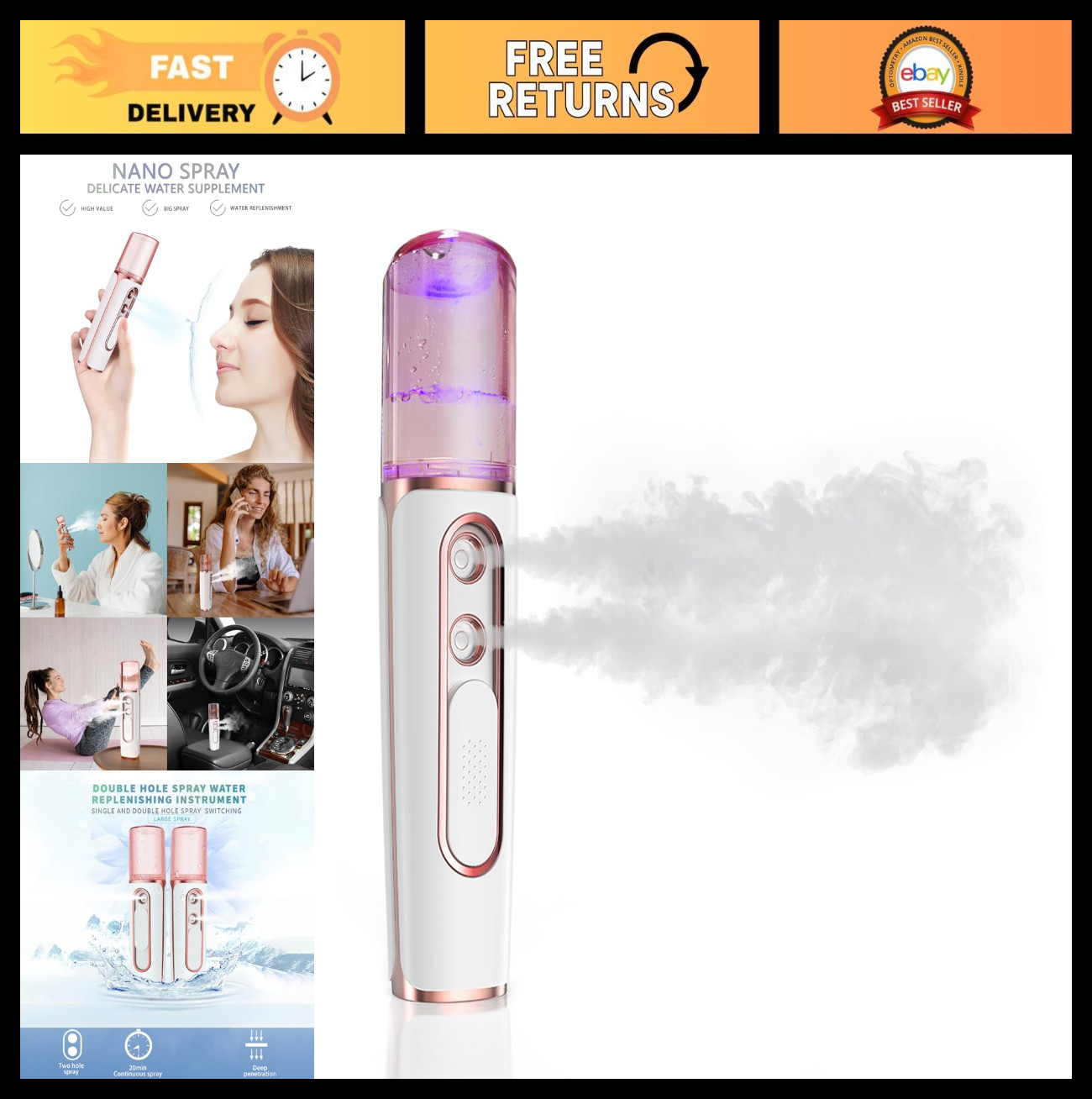 Nano Facial Mister Cool Mist Steamer, USB Rechargeable, 2 Nozzle, Hydrating Skin