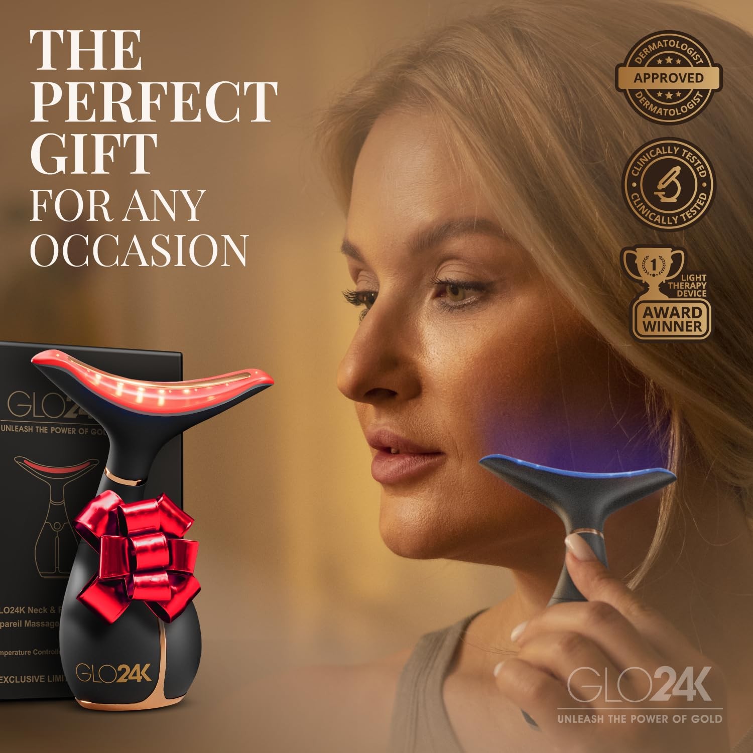 GLO24K Red Light Face & Neck Beauty Device – 3-in-1 Facial Massager Tool with LE