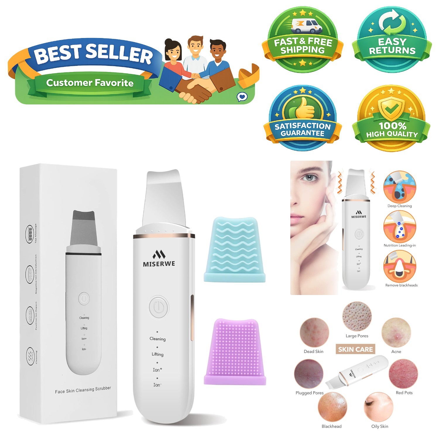 Rechargeable Skin Scrubber & Blackhead Remover – 4 Modes, Stainless Steel