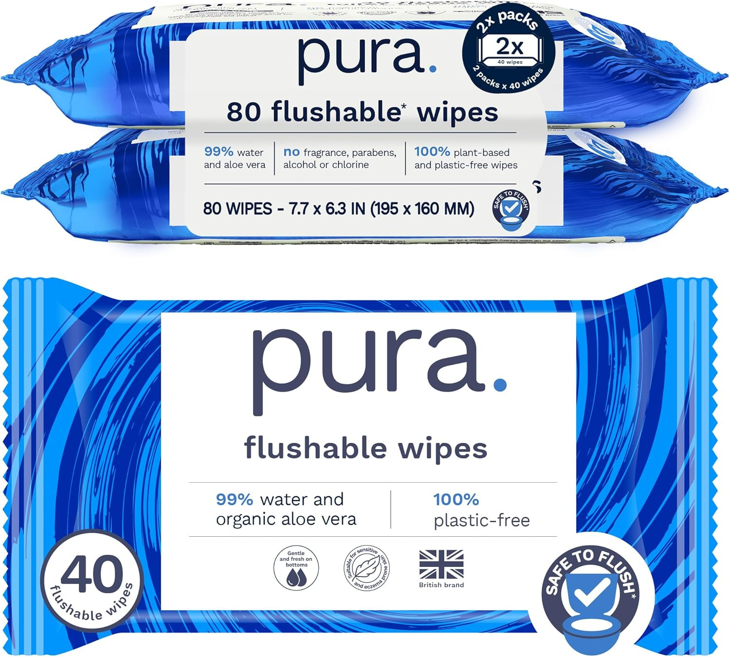 Adult XL Flushable Unscented Wipes, 2 Packs of 40 Toilet Wipes (80 Wipes) Adult