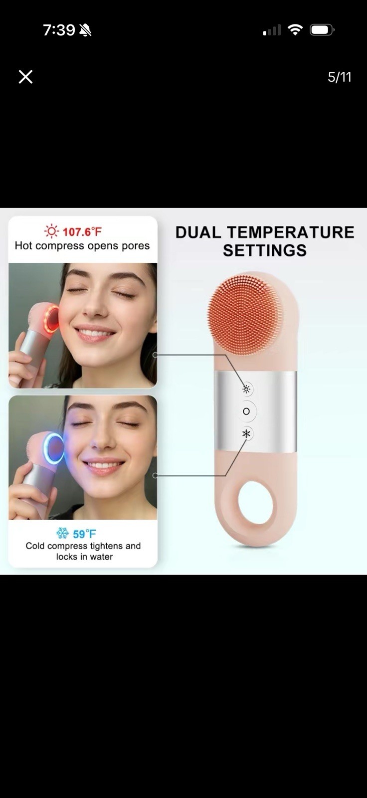 Hot & Cold Electric Facial Cleansing Brush, Silicone, IPX7 Pink/White