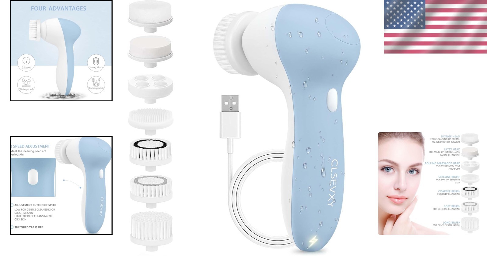 Complete Face Spa System: Rechargeable Brush Set with 7 Exfoliating Heads