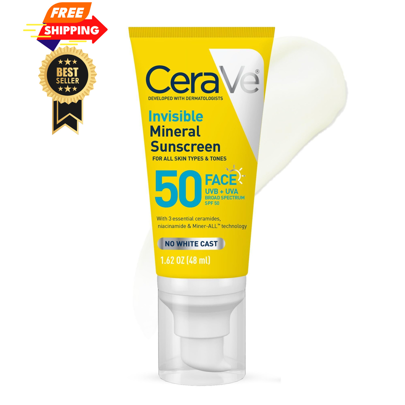CeraVe Invisible Mineral Sunscreen SPF 50, Face 1.62 Fl Oz (Pack of 1), White