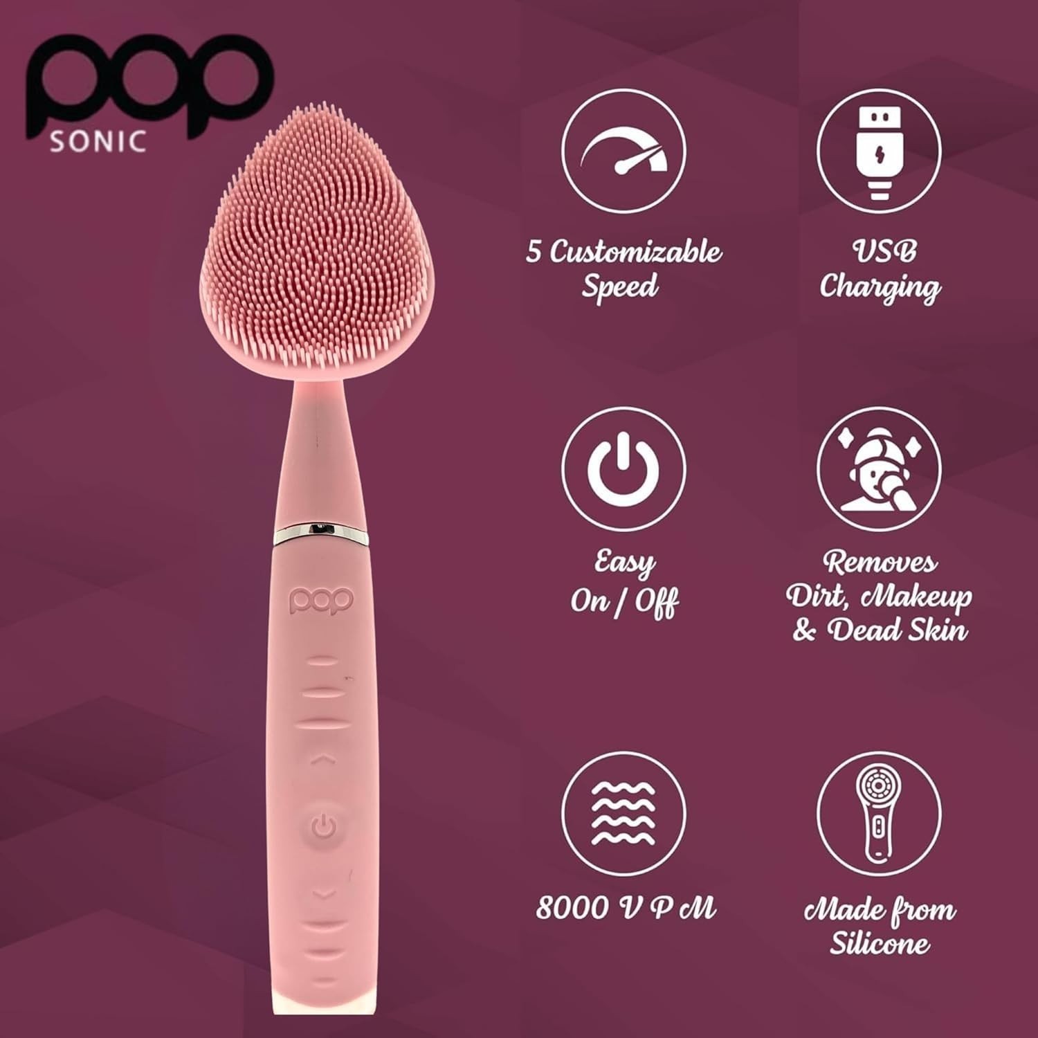 Clover Facial Cleansing Device Pink Silicone Facial Cleaner & Exfoliator w/ 8…