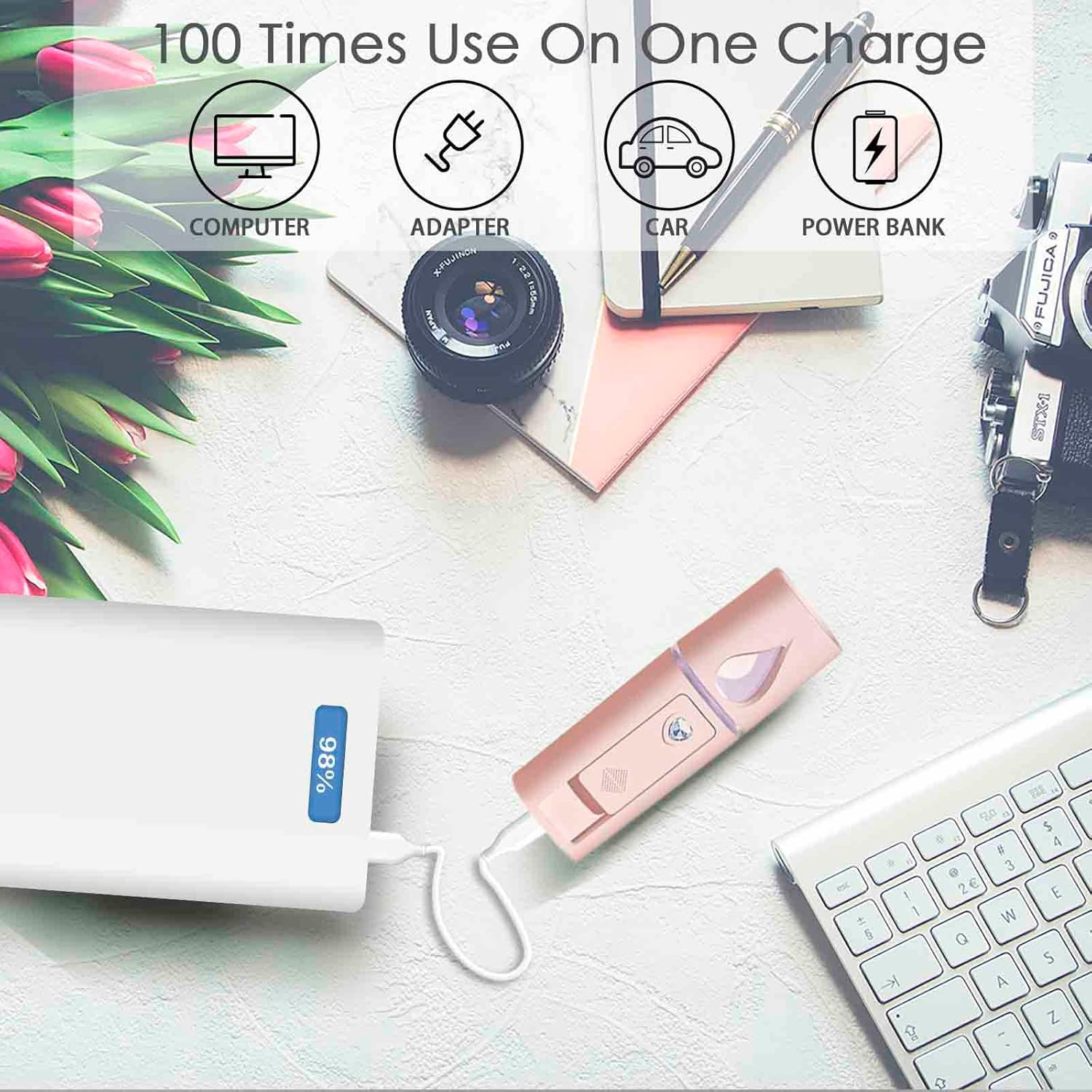 Nano Facial Steamer Mini Mister w/ Mirror, USB Rechargeable, 30ml Tank, Pink Kit