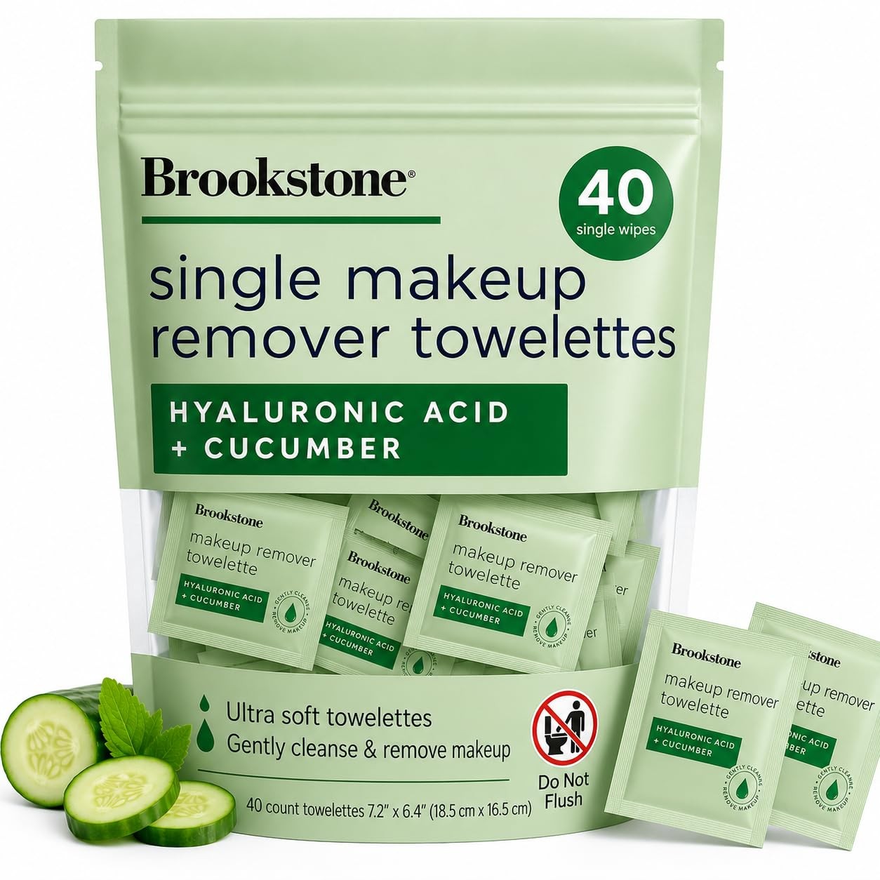 Brookstone Makeup Remover Wipes Individually HYALURONIC ACID + CUCUMBER