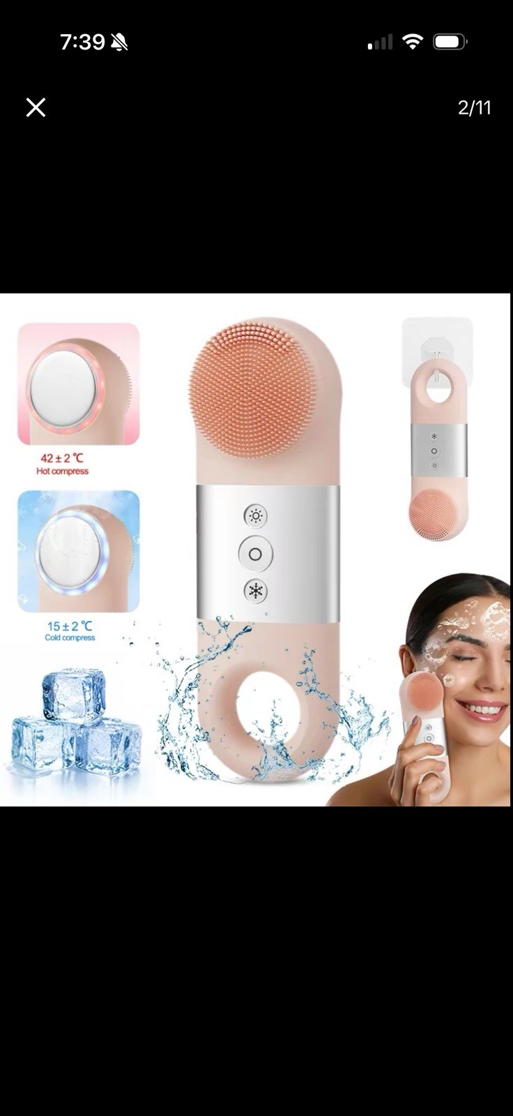 Hot & Cold Electric Facial Cleansing Brush, Silicone, IPX7 Pink/White