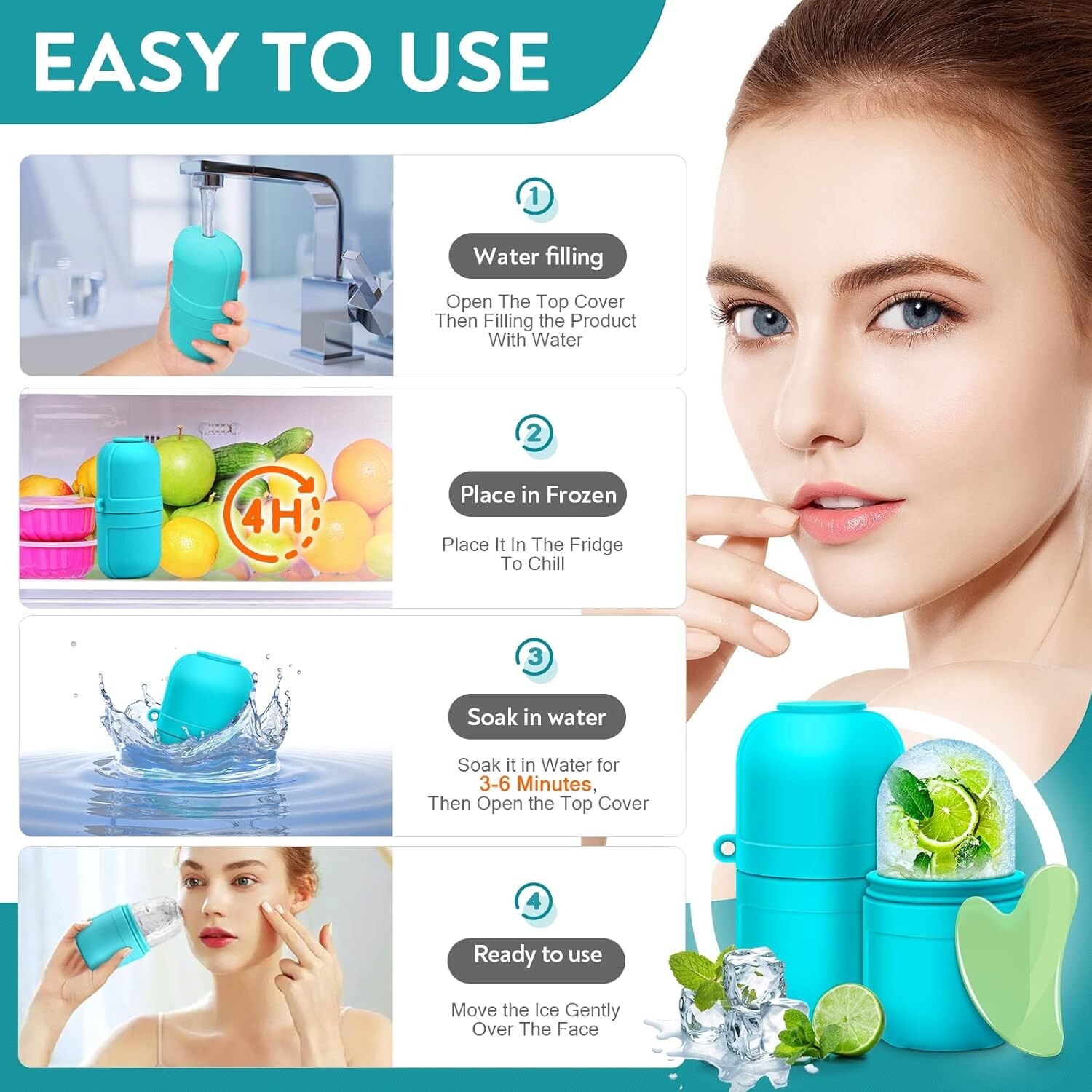 Rodillo facial de hielo, molde de silicona reutilizable, masaje facial para ojos