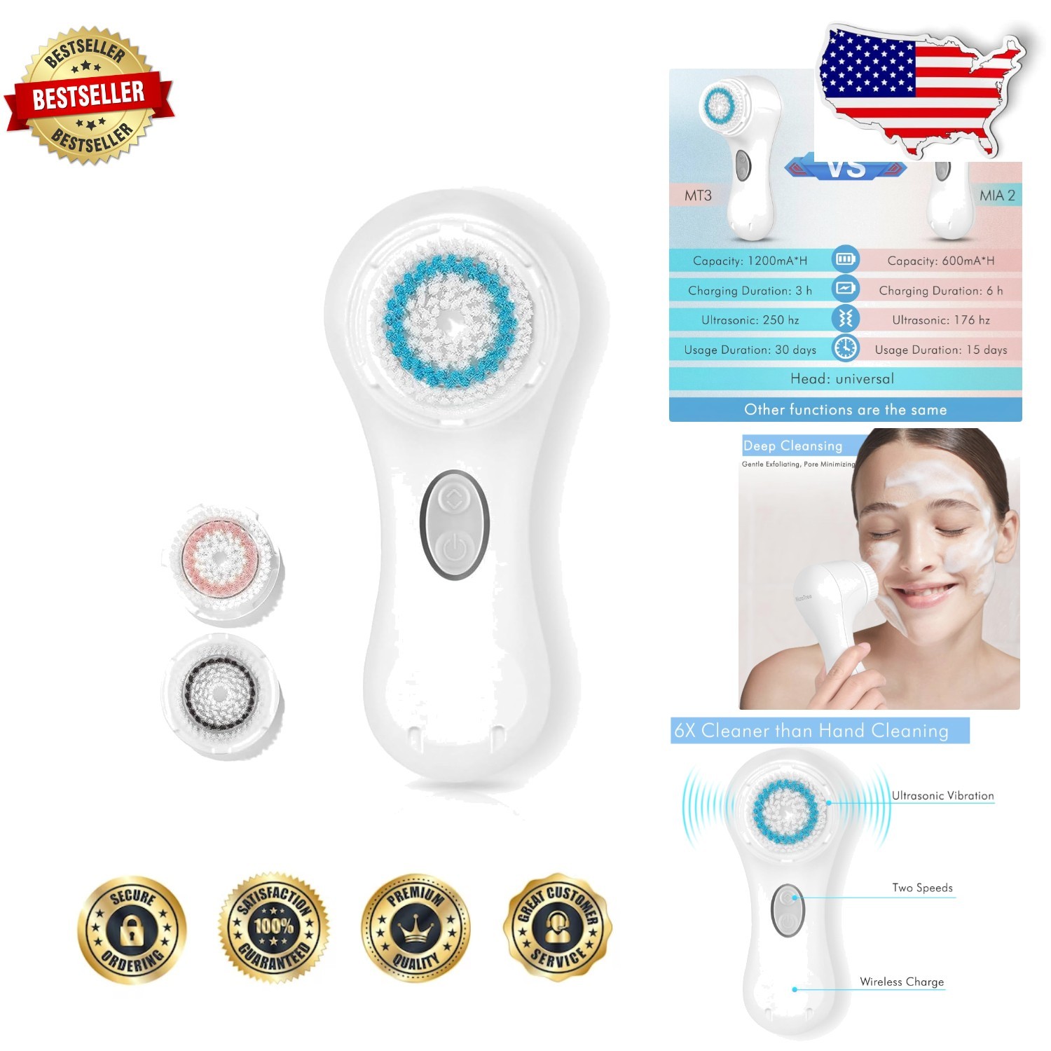 Sonic Face Cleansing Brush – Gentle Vibration, 2 Speeds, Waterproof, Recharge…