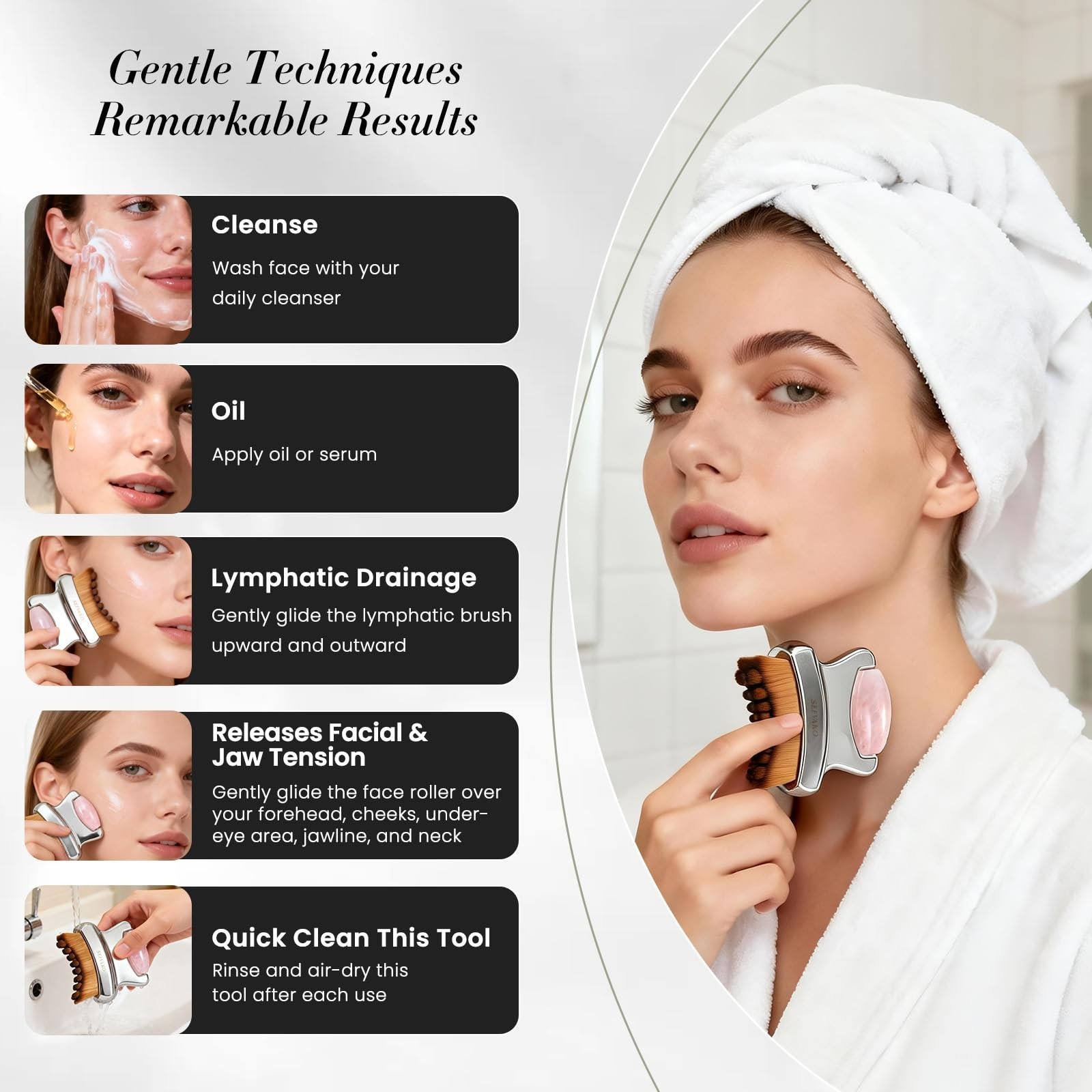 2-in-1 Lymphatic Drainage Face Brush & Rose Quartz Roller – Sculpting Tool for P