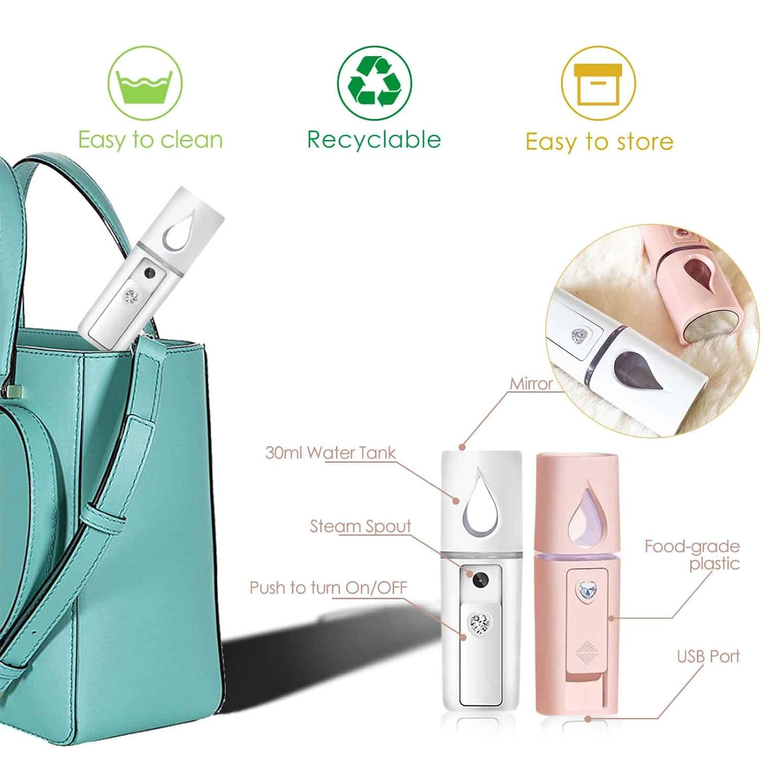 Nano Facial Steamer Mini Mister w/ Mirror, USB Rechargeable, 30ml Tank, Pink Kit