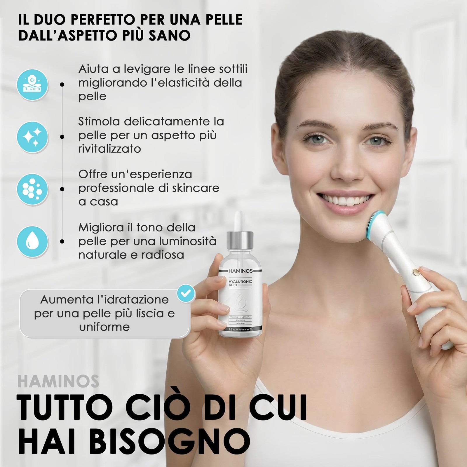 HAMINOS Facial Massager with Hyaluronic Acid Serum, 4-in-1 Face Massager…