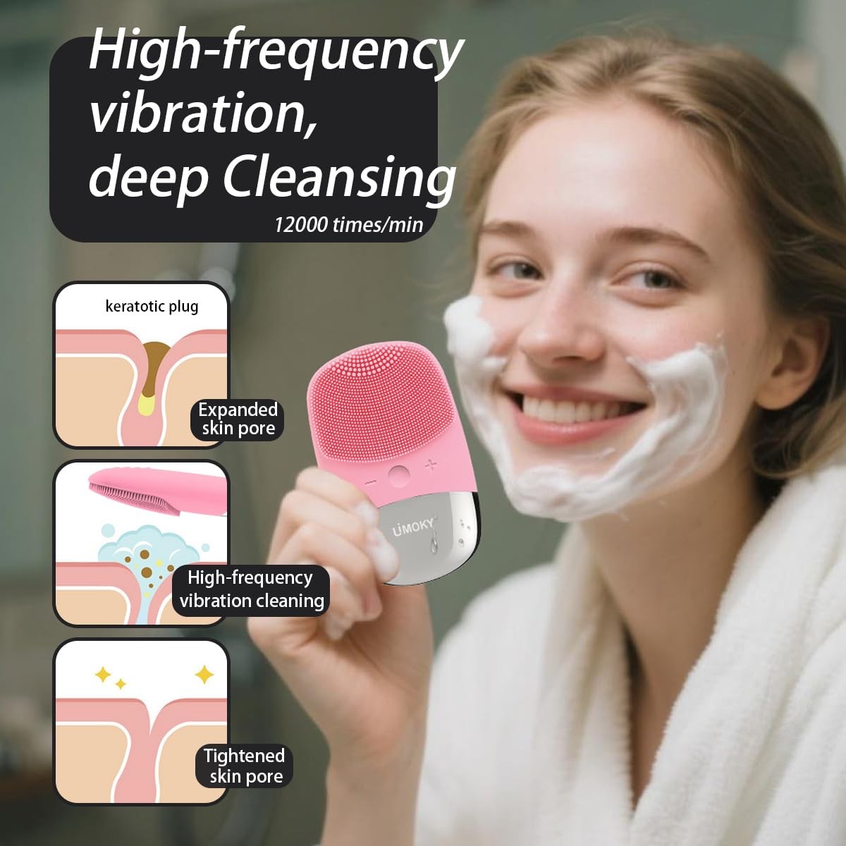 Facial Cleansing Brush, 3-in-1 Electric Silicone Face Scrubber, Vibrating Mas…