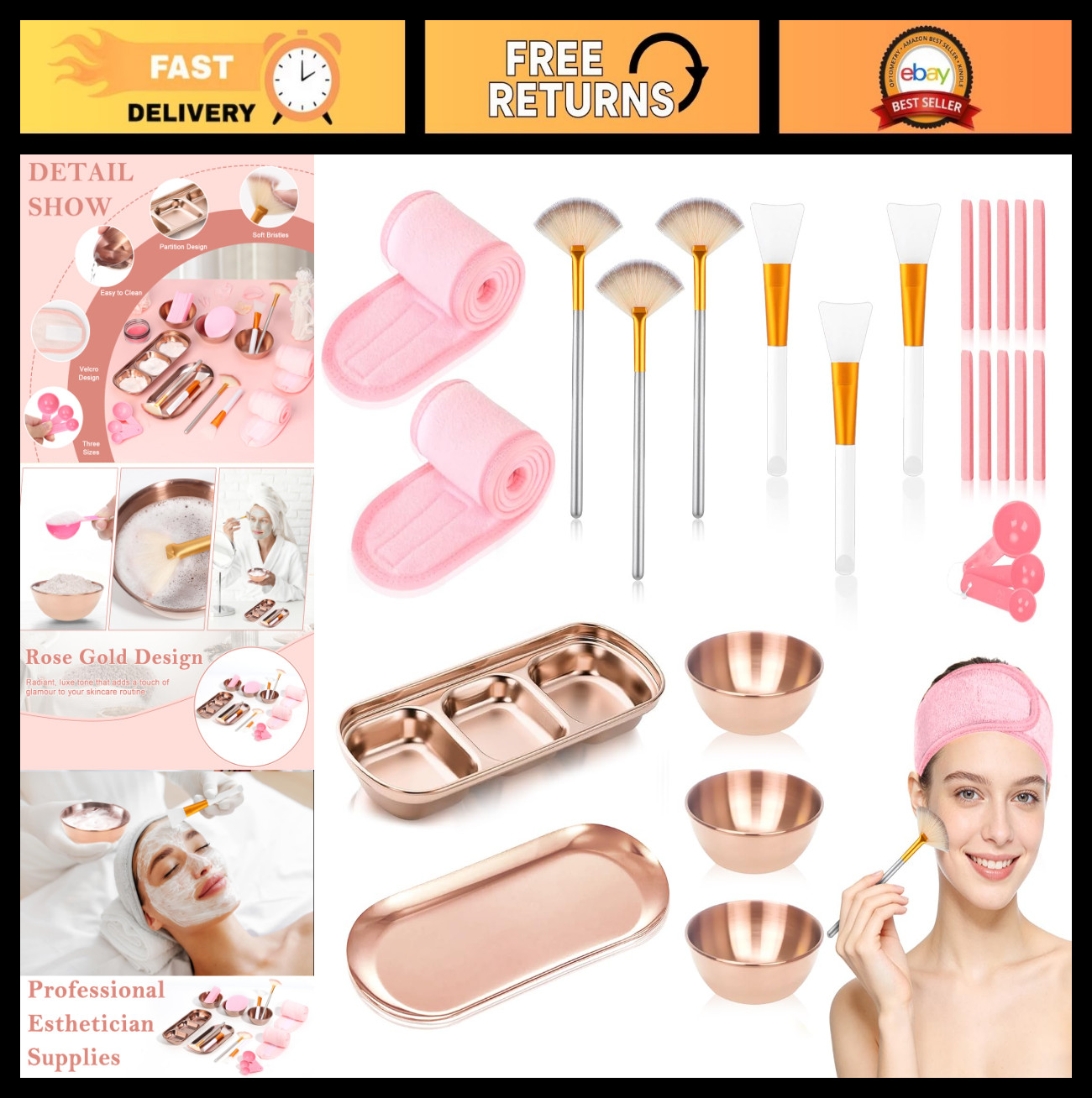 28 Rose Gold Facial Supplies Set – Mixing Bowls, Brushes, Spoons, Sponges & Tray