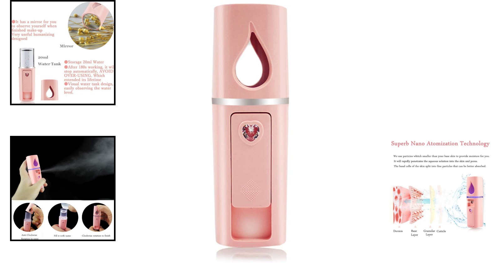 Portable Nano Facial Mister Pink with Mirror and 20ml Water Tank