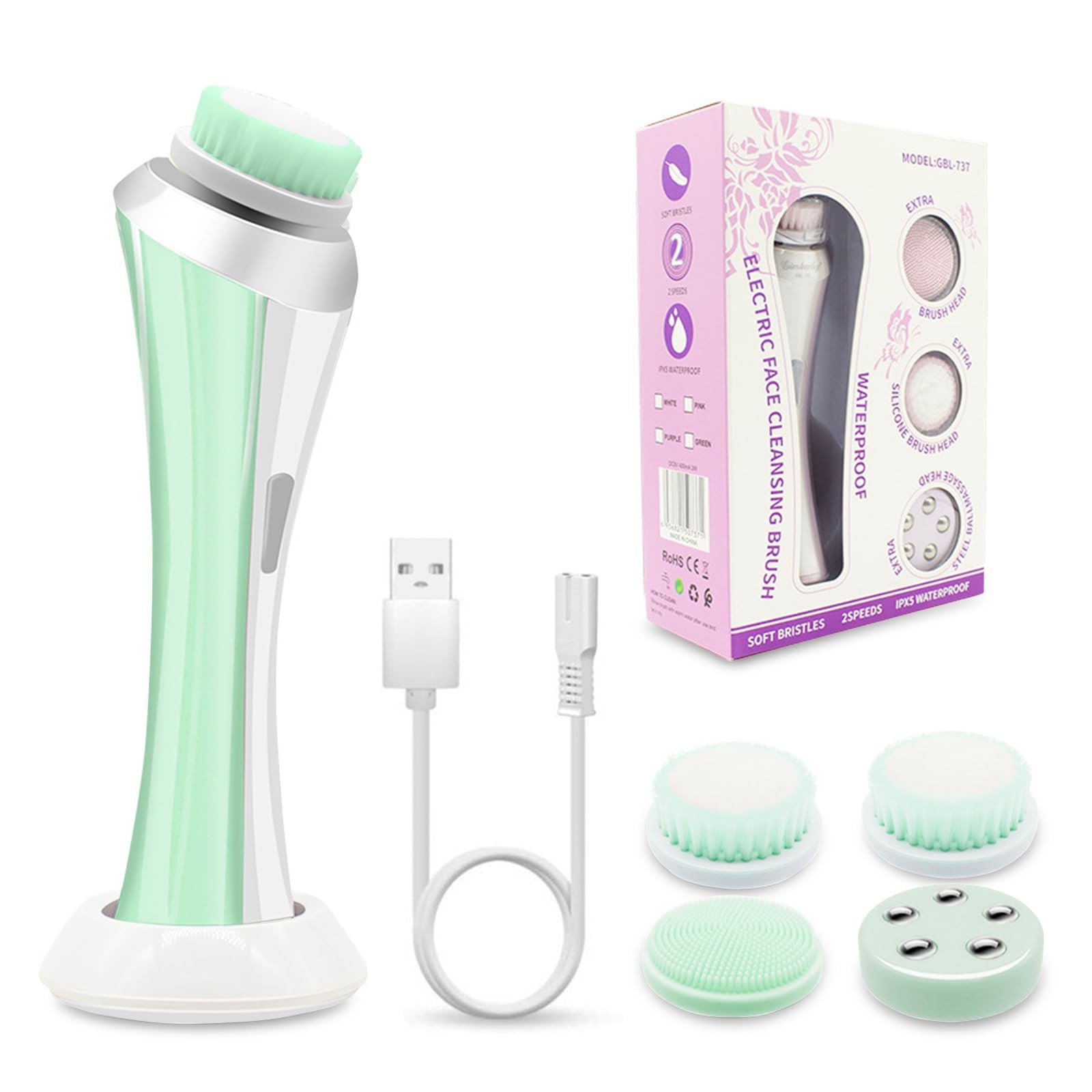 Cleansing Brush, Scrubber with 4 Brush Heads, Rechargeable USB Charging Dock,…