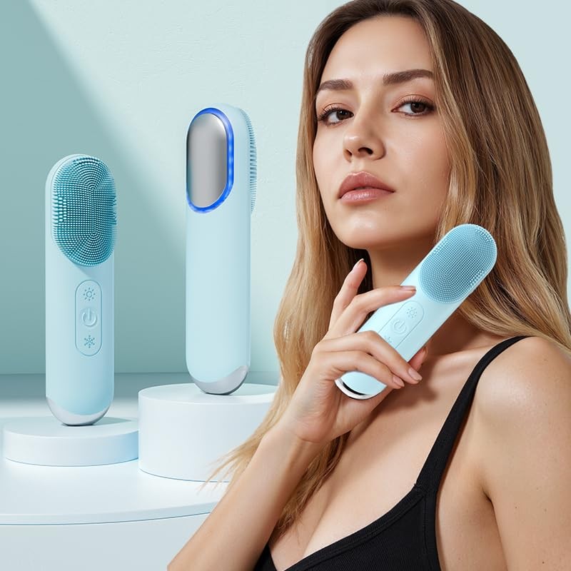 Silicone Facial Cleansing Brush, Portable Electric Face Scrubber with Hot Col…