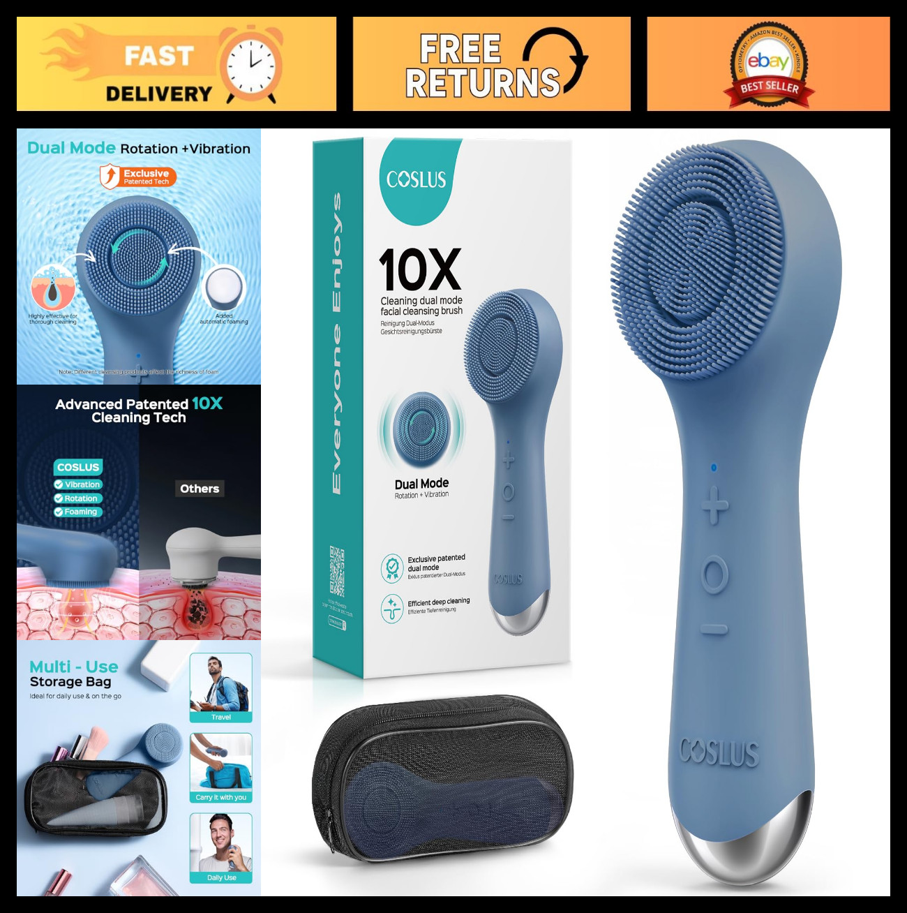 2-in-1 Silicone Facial Cleansing Brush – Electric Exfoliator with Vibration & Sp
