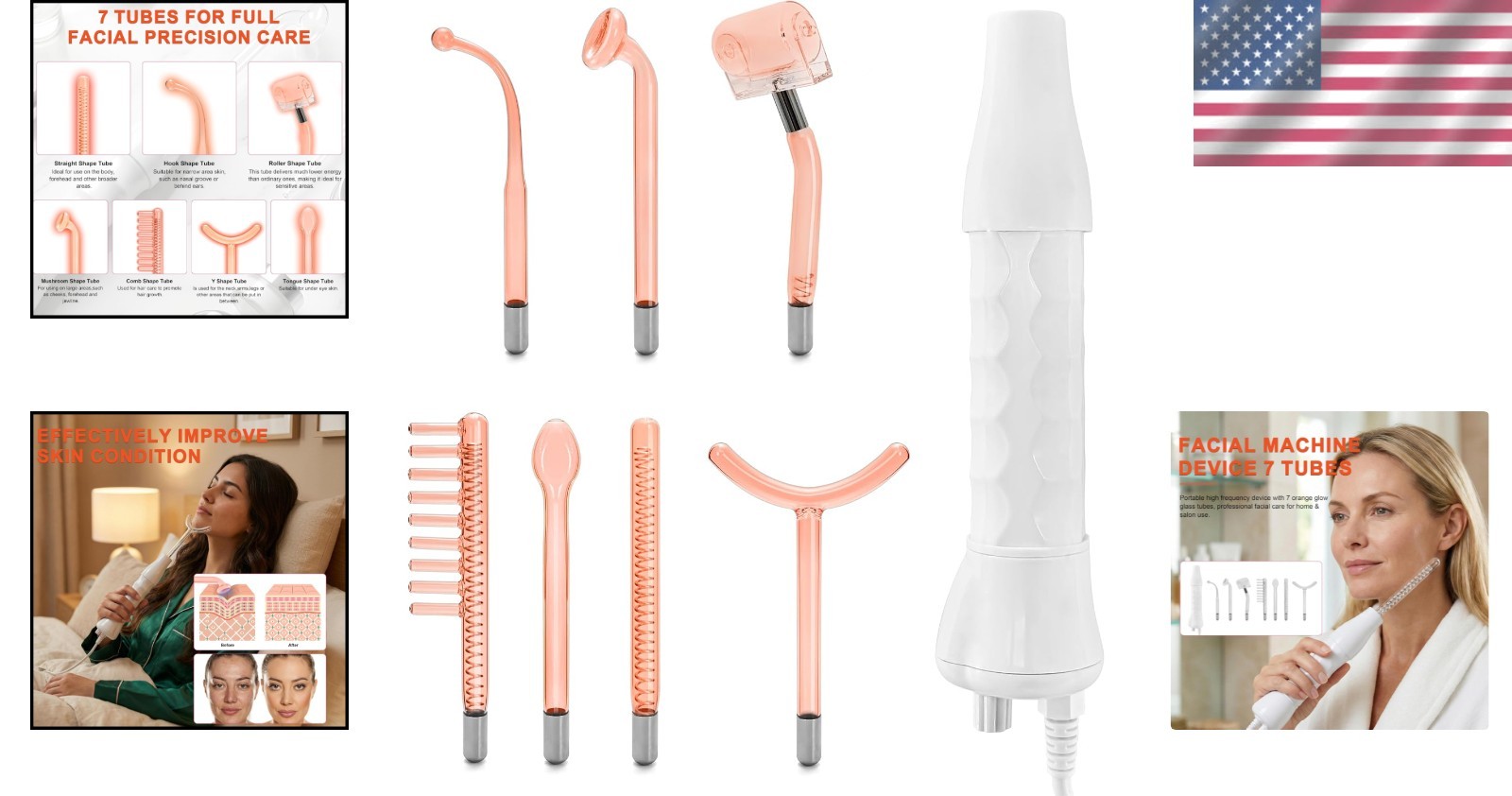 Facial Care Device 7 Electrode Tubes Hi Frequency Skin Toning Machine Orange