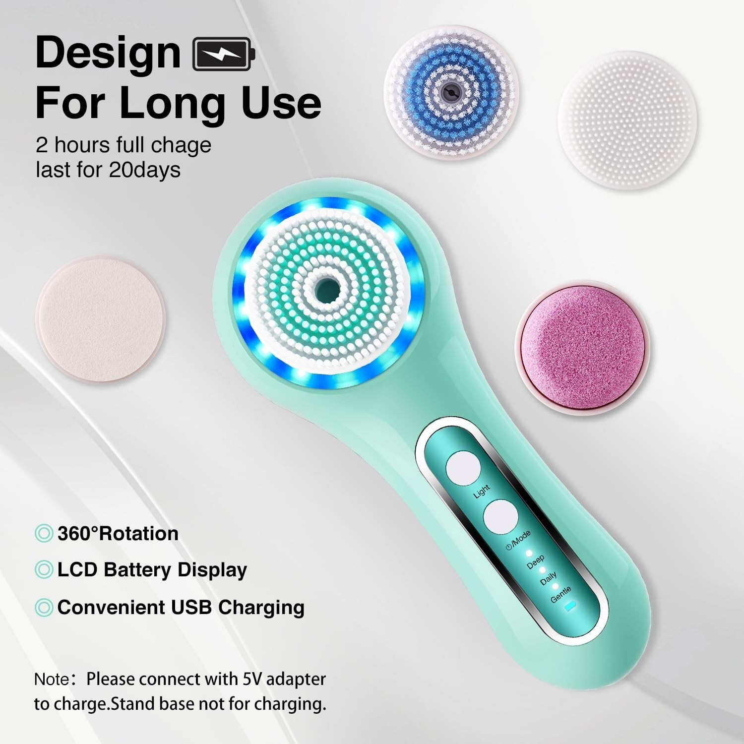 Electric Facial Cleansing Brush – 2-Way Rotating Scrubber, 3 Modes, 5 Heads, Wat