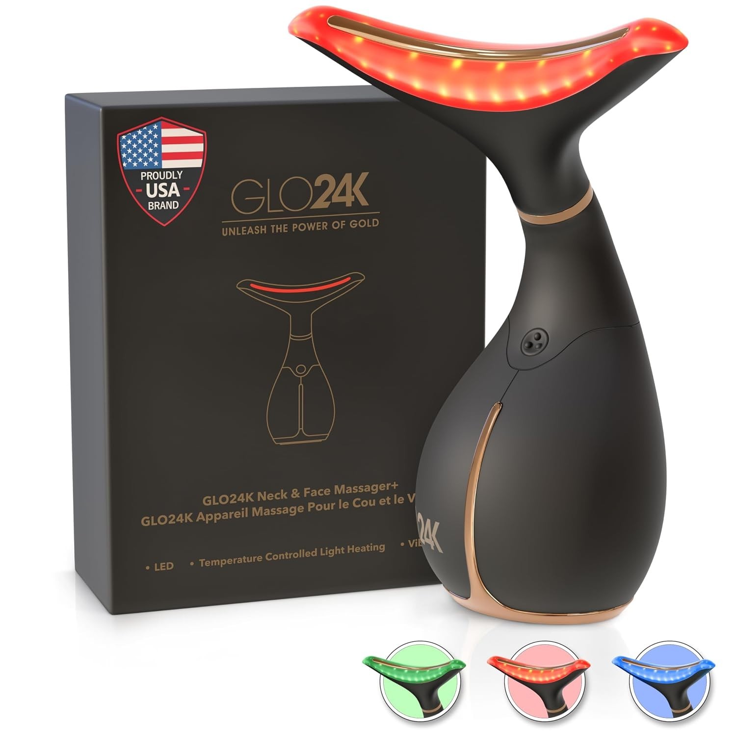 GLO24K Red Light Face & Neck Beauty Device – 3-in-1 Facial Massager Tool LED
