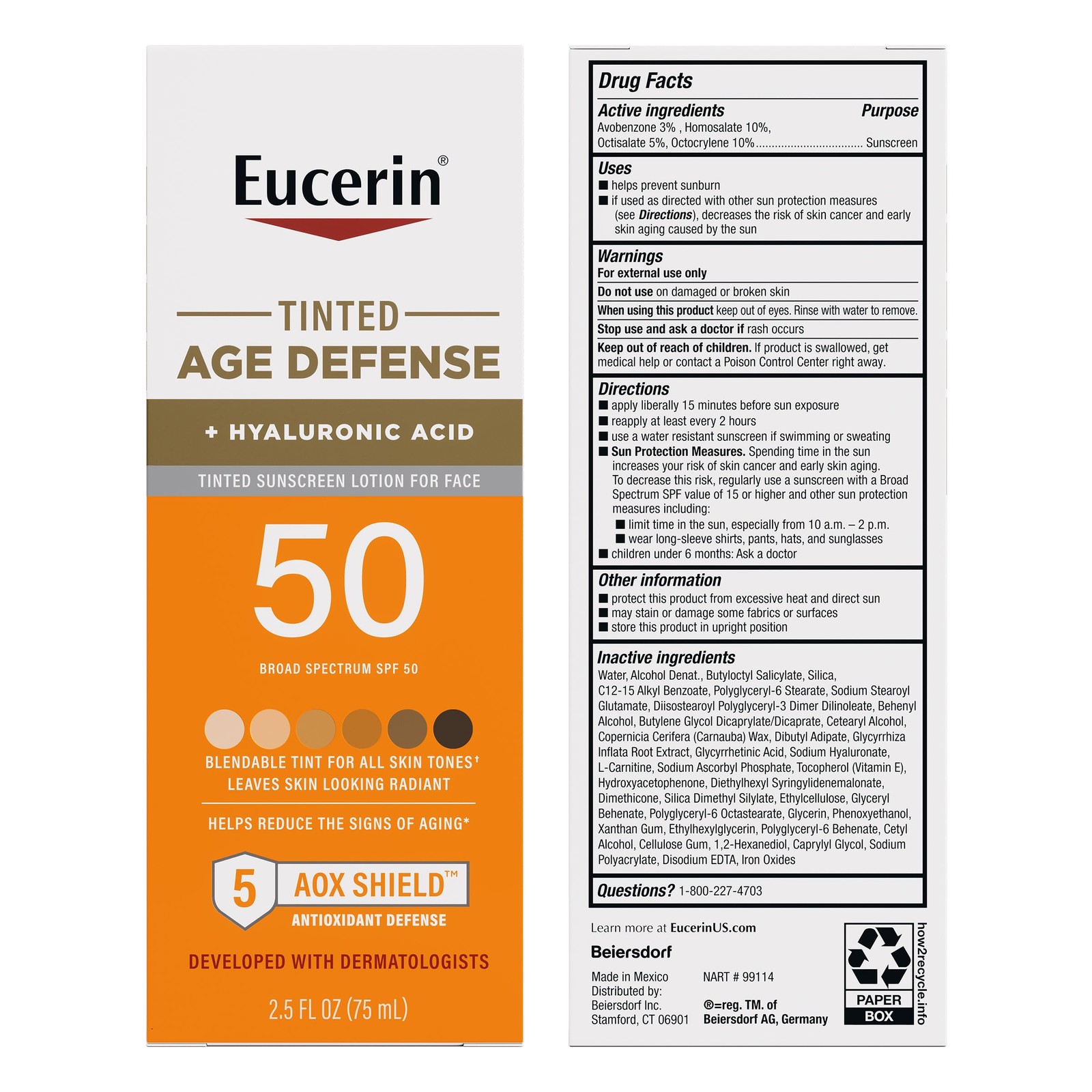 Eucerin Sun Tinted Age Defense Face Sunscreen 2.5 Fl Oz (Pack of 1), White
