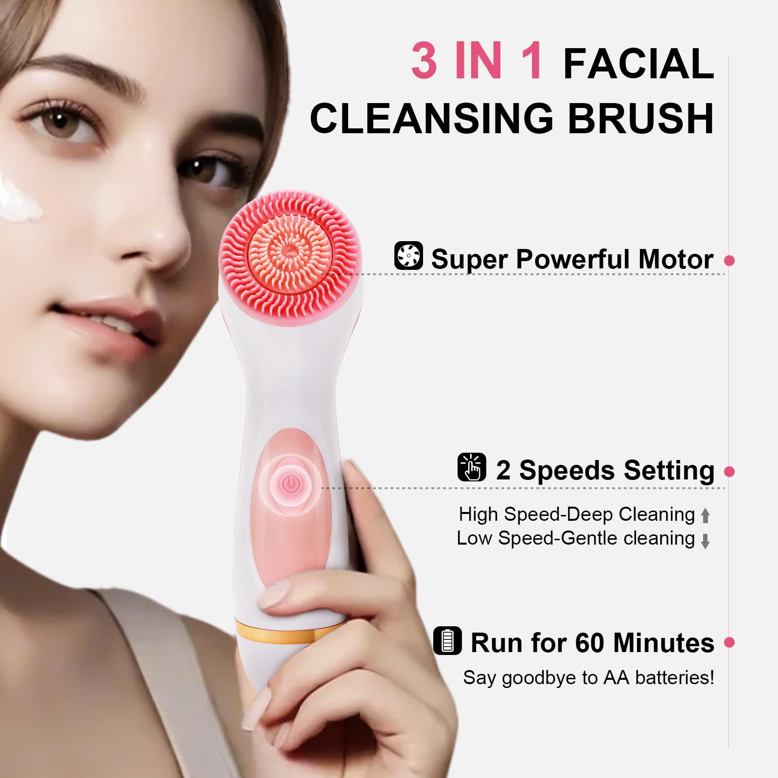 Facial Cleansing Brush, 3 in 1 Electric Face Scrubber with 3 Brush Heads Pink